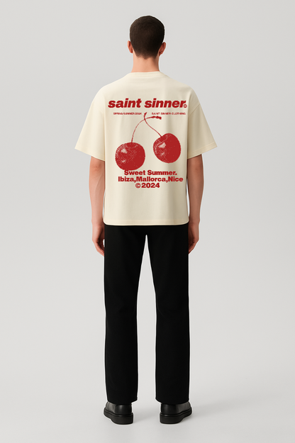 Cherry Summer Oversized Tee - Ecru